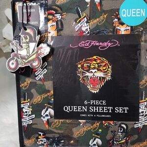 Ed Hardy Queen black 6Piece Sheet set new
